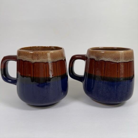 Classic Handmade Ceramic Drip Glaze Mug Cup set of 2 Brown Blue Retro 1970s VTG - Picture 3 of 10